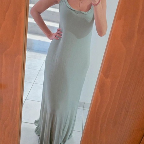 Long airy dress in olive/mint shade with thin straps