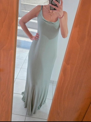 Long airy dress in olive/mint shade with thin straps