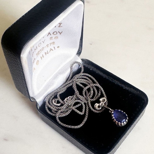 Vintage silver necklace 925 mid century with blue stone used