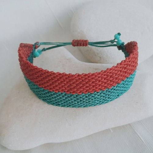 Macrame Boho Bracelet new, two-tone red and turquoise