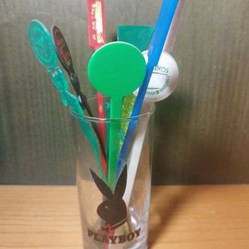 Playboy glass used with disco 80s stirrers