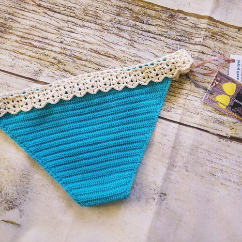 Handmade knitted swimsuit new, size M/L, beige and turquoise