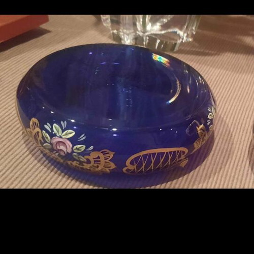 Bohemia glass ashtrays used, Czechoslovakia, cobalt color, hand-painted