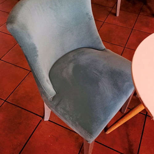 Fabric chairs used, 6 pcs, 2 small tables and 4 handmade painted wooden tables