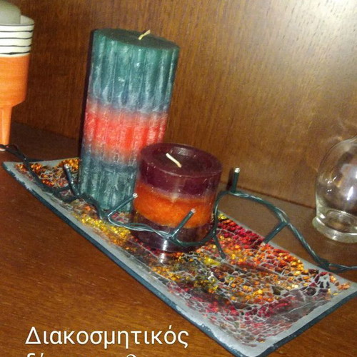Glass mosaic decorative items used, 1 candle holder and 2 plates set