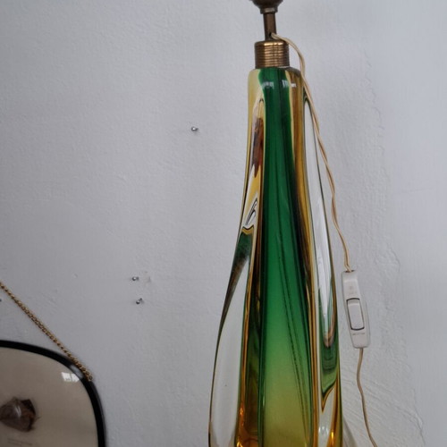 Murano Sommerso Table Lamp used, hand-blown green and amber glass with brass ring