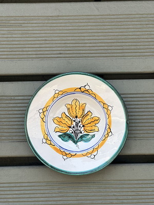 Handmade Greek Ceramic Decorative Plate with Yellow Floral Design, used