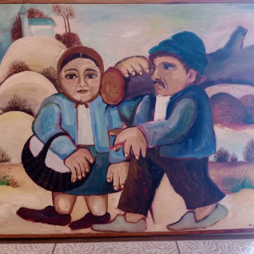 Watercolor on canvas with frame like new, folk art theme 83x63