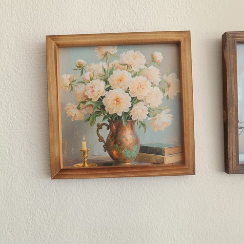 Decorative painting with wooden frame, peonies vase theme, like new