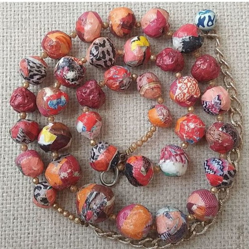 Ethnic red long necklace new handmade paper mache beads