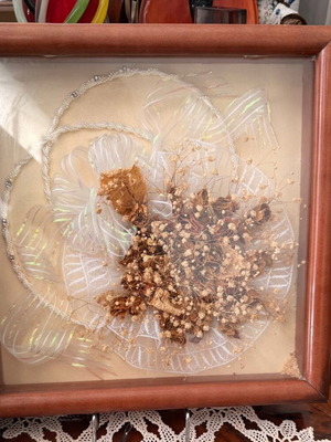 Wedding Crown Case used, large wooden 33x6.5 with crowns and bouquet