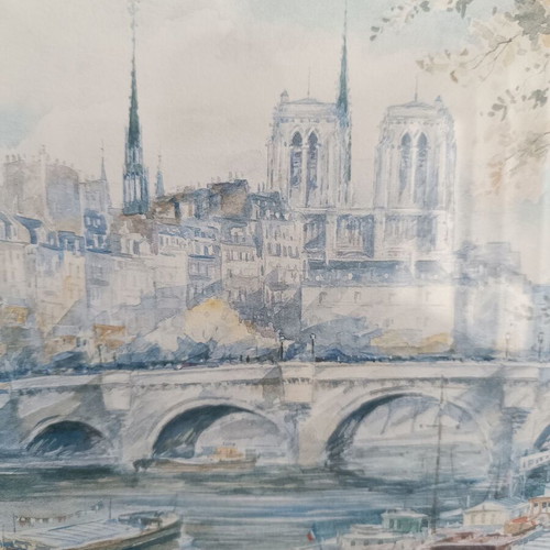 Aquarelle Paris Le Pont Neuf et Notre Dame framed painting like new