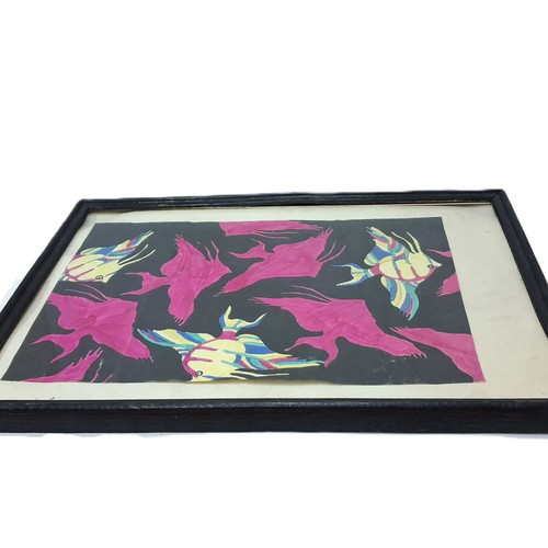 Original watercolor painting used, decorative fish, 42×32 cm framed