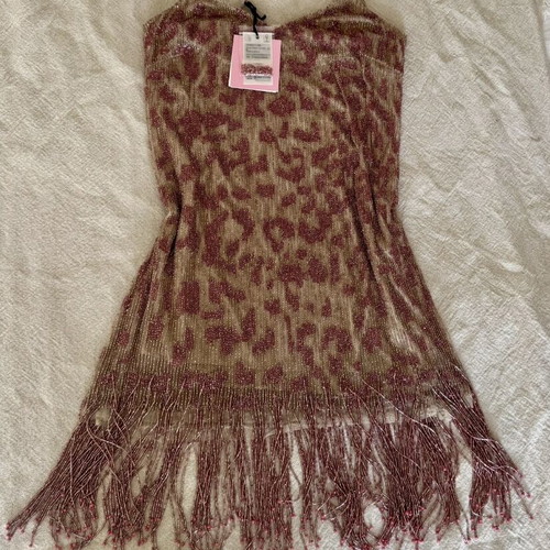 Blugirl Blumarine Mini Dress Pink Sequined with Fringe Size S New