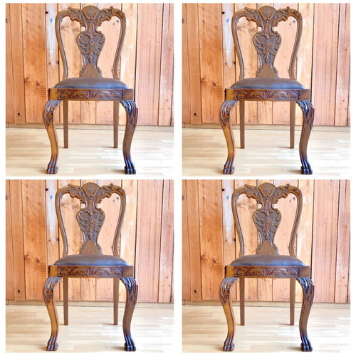 Antique handmade carved solid wood chair 1960, lion paw legs