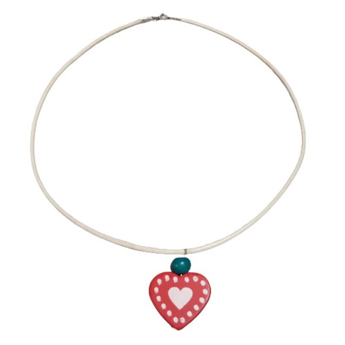 Children's necklace white leather with wooden red heart new
