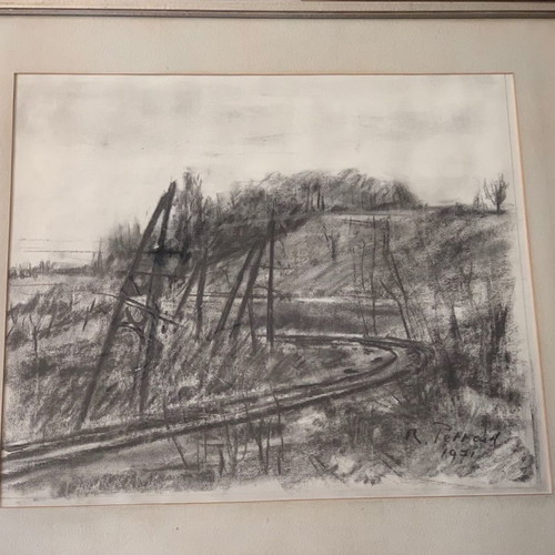 Charcoal painting used, theme 'Train Lines', with frame