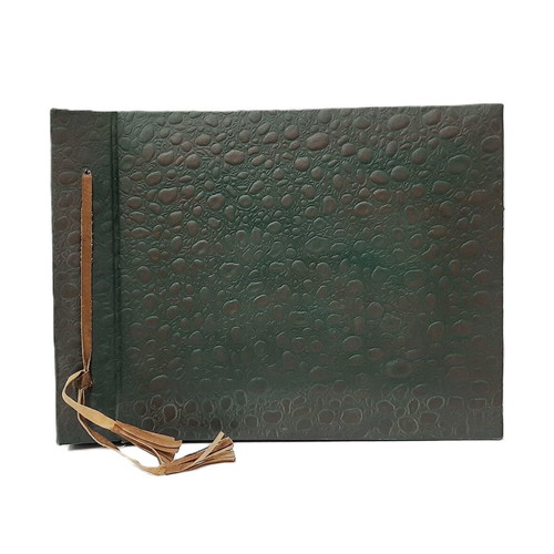Vintage photo album 60s green embossed cloth with leather tie, 25 leaves