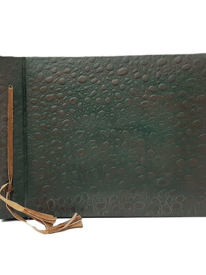 Vintage photo album 60s green embossed cloth with leather tie, 25 leaves