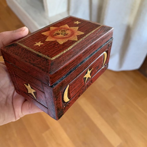 Handmade wooden jewelry box with sun and moon design, new