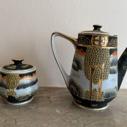 Vintage Satsuma tea set with teapot and sugar bowl, hand painted LD