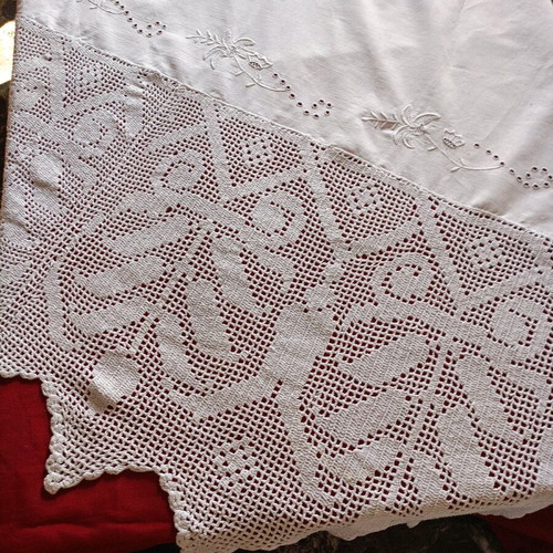 White handmade curtain with wide lace and appliqué embroidery new