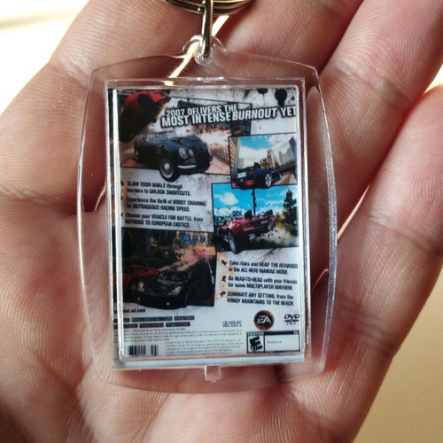 Burnout Dominator PS2 keychain, transparent acrylic