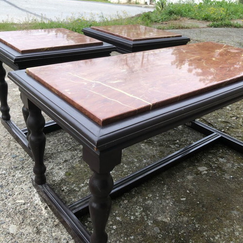 Coffee table set used, 3 pieces, walnut wood and Ritsonas marble