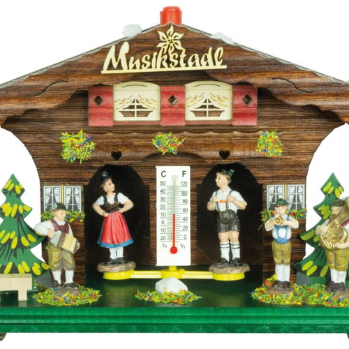 Alpine wooden weather station house with musicians, 20cm