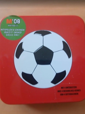 Football coasters in metal box, like new