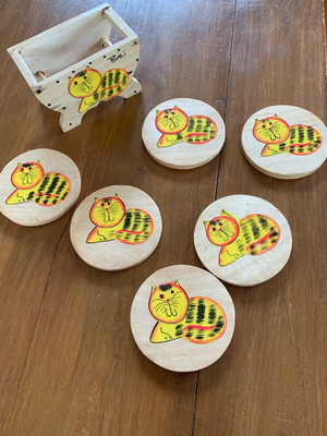 Wooden coasters new with holder and painted cat, set of 6