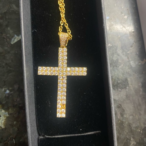 Crystalp steel cross gold color new with missing stone