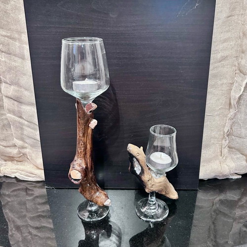 Candlesticks handmade from wood, glass and stones like new