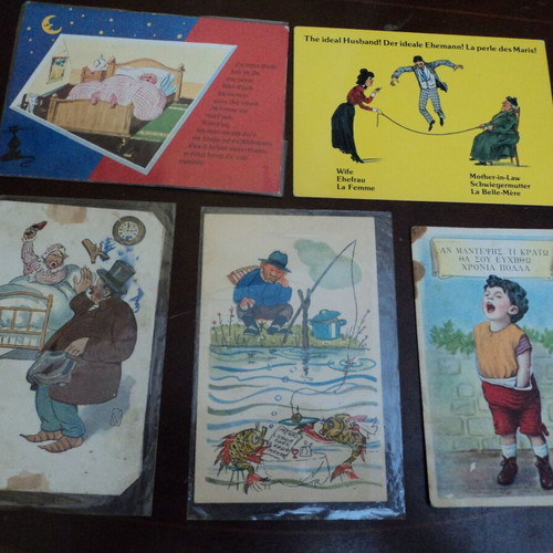 Humor and Cartoons postcards used, 16 Greek and foreign from last century