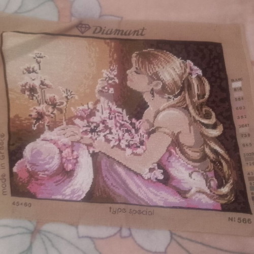 Embroidery Girl with Pink Flowers D566 like new