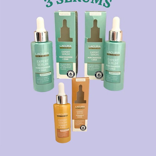 Lacura Skin Expert Serums Vitamin C AHA Niacinamide Zinc pack of 3 fragrance-free