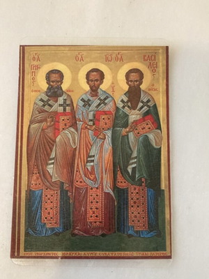 Apostolos Varnavas vintage πλαστικοποιημένη ιερή κάρτα με τους Τρεις Ιεράρχες, 9,5 x 6,5 εκ.
