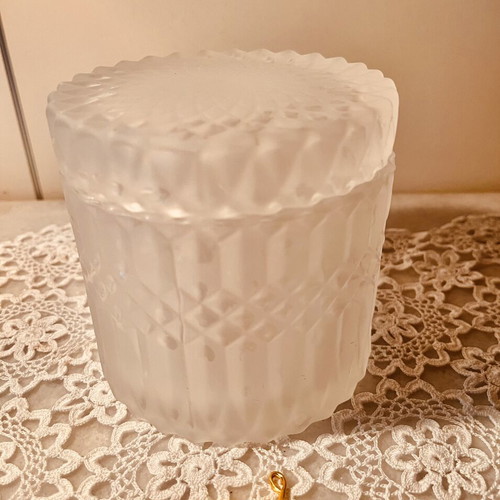Frosted glass jar with diamond pattern and scalloped rim