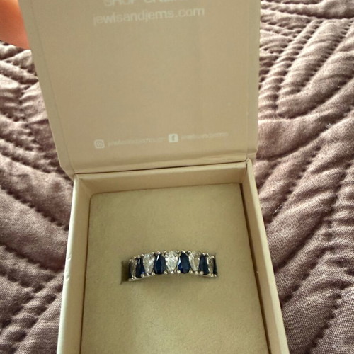 Silver full band ring with blue and white zircons, new