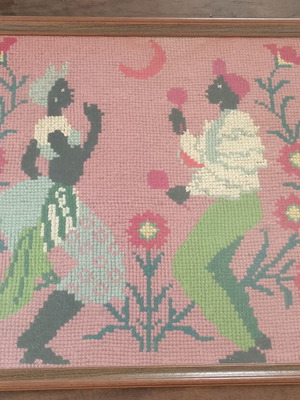 Vintage cross stitch picture of people dancing in the moonlight, 64×50cm