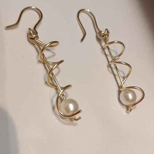 Gold pearl spiral earrings handmade from scratch