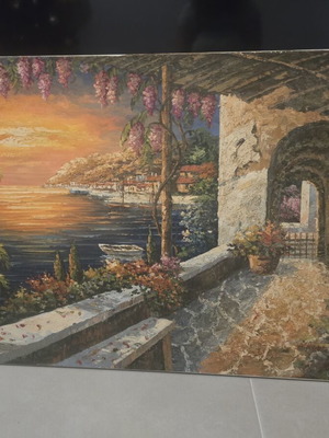 Oil painting on canvas Mediterranean landscape with sunset used