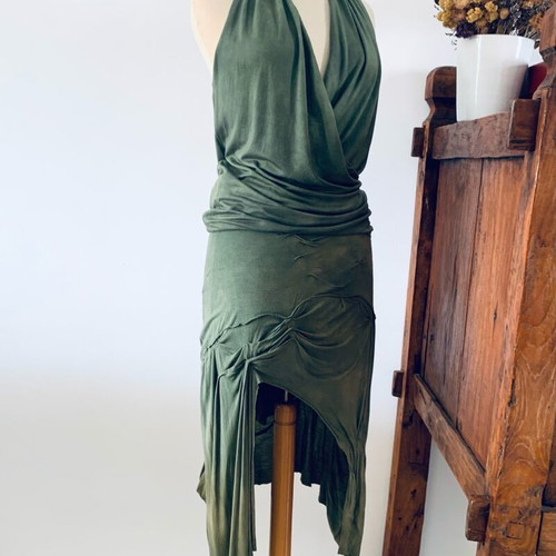 Dyens + Fotinaki handmade green set with asymmetrical skirt