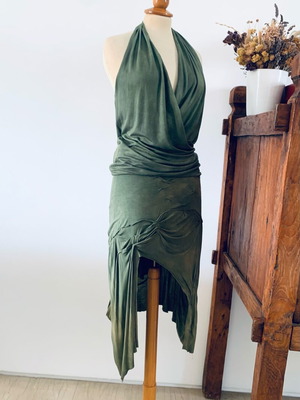 Dyens + Fotinaki handmade green set with asymmetrical skirt