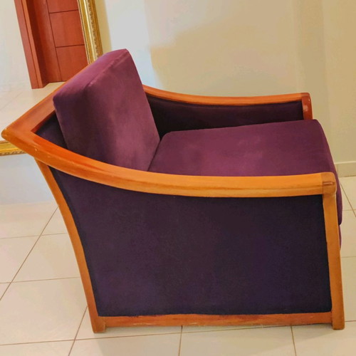 Wooden armchair like new with brown frame and dark purple upholstery