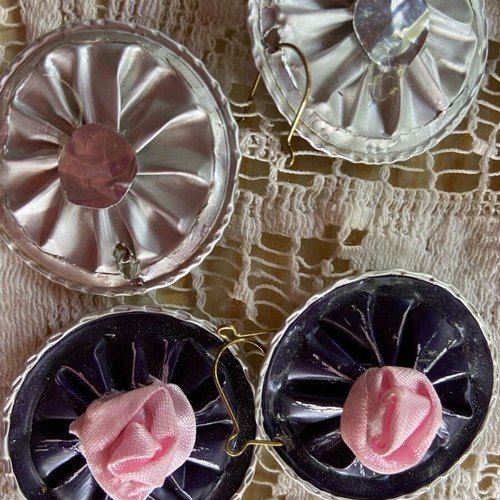 Handmade earrings set from espresso capsules with fabric roses, like new