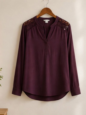 H&M long sleeve blouse with lace shoulders, purple, size M/L