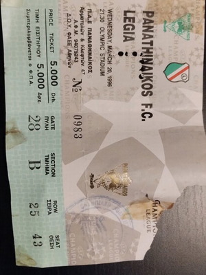 PAO Legia Warsaw ticket used, Champions League quarterfinals 1995-1996