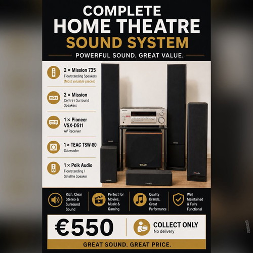 Complete home theatre sound system with Mission, Pioneer, TEAC, Polk Audio