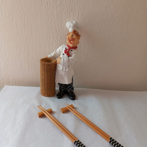Chef figure chopstick holder with wooden chopsticks